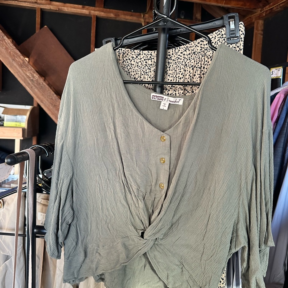 Gypsies & Moondust Sage Green Twist-Front Blouse